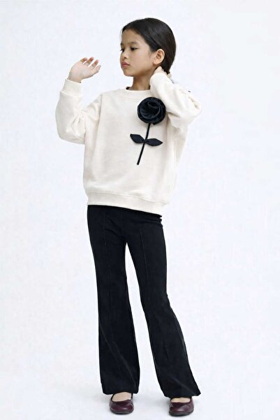 RONYPONY Girl's Black Floral Detailed Sweatshirt | Spanish Paça Team