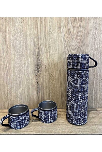 NESGIFT 3 Bardaklı Paslanmaz Çelik Siyah Gümüş Leopar Taşlı Termos Set