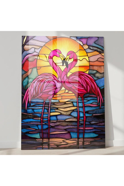 Glit Glass Vitray Desenli Flamingo Cam Tablo - 4mm Temperli Cam - Modern Trop...