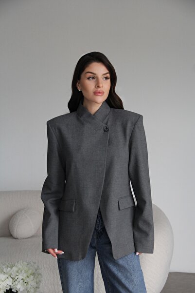 Julidress Single Button Detailed Asymmetrical Collar Premium Design Blazer Ja...