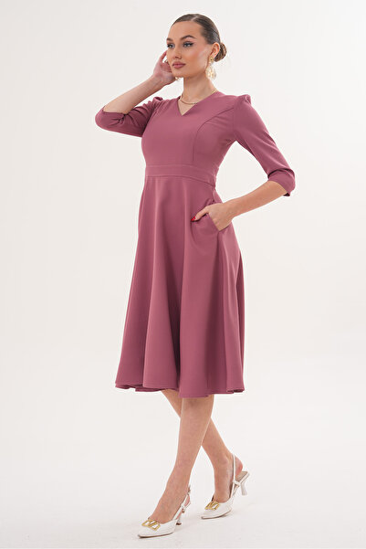 RURIS Women's Dusty Rose V-Neck Pocketed Three-Quarter Sleeve Midi Flared Dou...