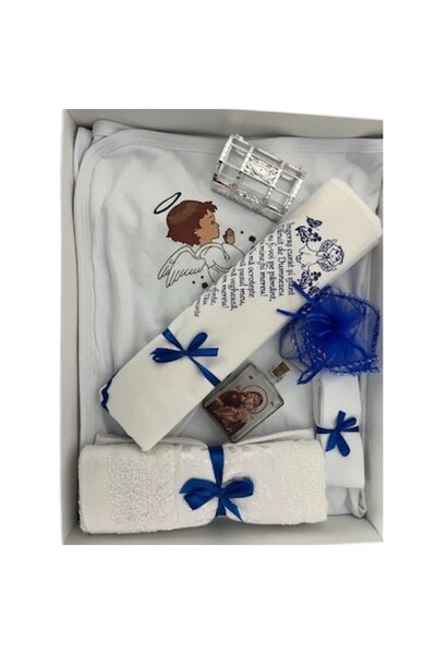 OEM Set botez băieți, înger, culoare alb/albastru închis, setul conține 8 piese