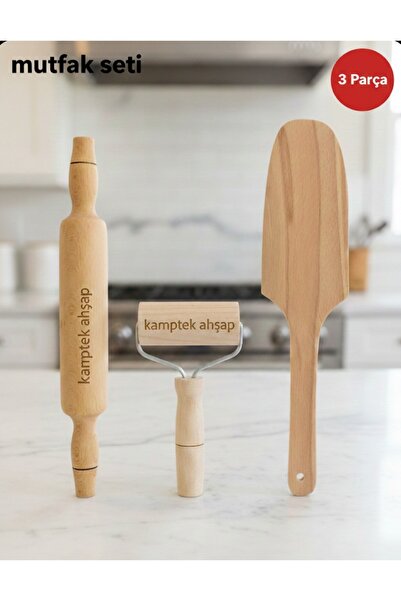 kamptek kamp teknolojisi Kamptek Ahşap 3’lü Mutfak Hazırlık Seti Merdane 35 c...