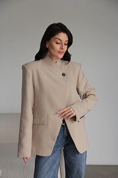 Julidress Single Button Detailed Asymmetrical Collar Premium Design Blazer Ja...