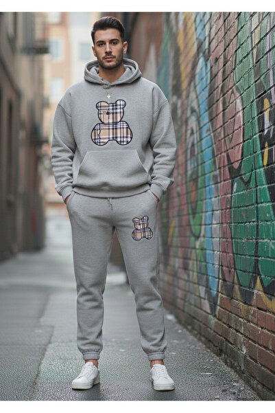 WOODROFFE Unisex Printed Oversized Hooded Gray/Black Tracksuit Set Loose Fit