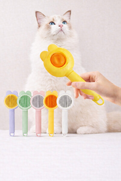 HAYHAYPETSHOP مشط فرشاة العناية بالحيوانات الأليفة ذاتية التنظيف بأسنان معدنية