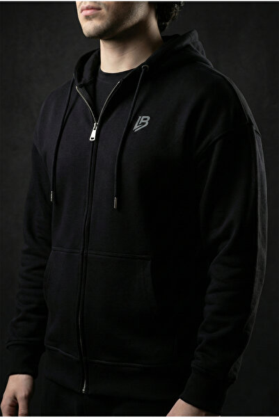 Liber Lb Logo Black Zipper Hoodie Oversized Fleece-Lined Sweatshirt Cardigan