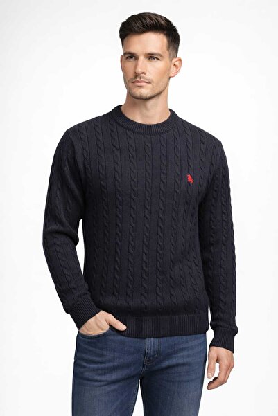ANATOLIATEKSTILE Men's cable-knit sweater, round collar, embroidered logo, Sl...