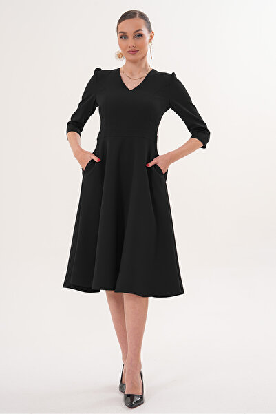 RURIS Women's Black V-Neck Pocketed Three-Quarter Sleeve Midi Flared Double F...