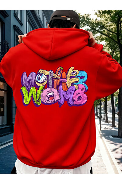 ALEYZA MODA Colorful B Printed K Hooded Pocket Cotton Beige Sweatshirt