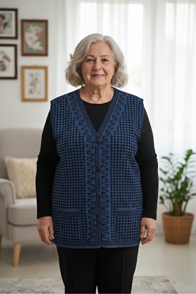 THEBEK Women's Knitwear Mother's Vest with Buttons and Pockets Classic Blue P...