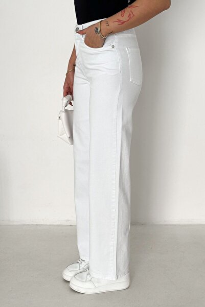 HLT JEANS Beyaz Kadın Wide Leg Jean Yüksek Bel Palazzo Likralı Esnek Kot Pant...