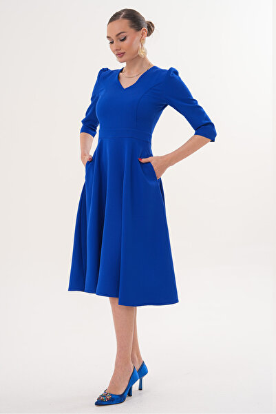 RURIS Women's Cobalt Blue V-Neck Pocket Three-Quarter Sleeve Midi Flared Doub...