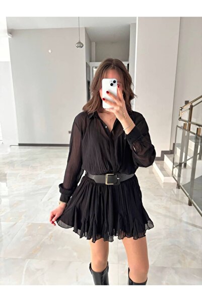 Sude Kızanlıklı Belt Detailed Flounce Chiffon Dress