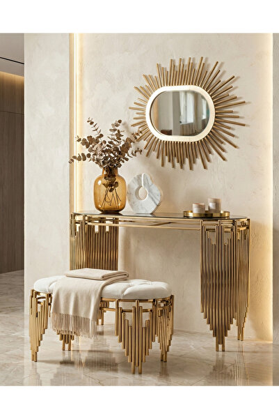 lowena home DRESUAR TAKIMI ULTRA LAK GOLD KAPLAMA PUF AYNA DAHİL 120CM TAKIM