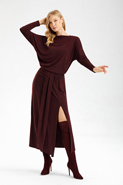 By Yaren Yazıcı Women's Cherry Rotten Burgundy Bat Sleeve Slit Draped Bluzan ...