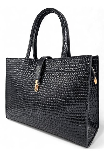 Evident Black Patent Leather Drop Patterned Women's Handbag with Lock Detail
