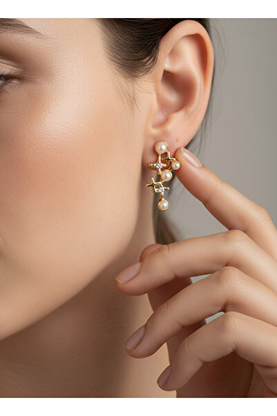 LOREZIA Women's Gold Color Pearl and Crystal Star Detailed Tarnish-Resistant ...