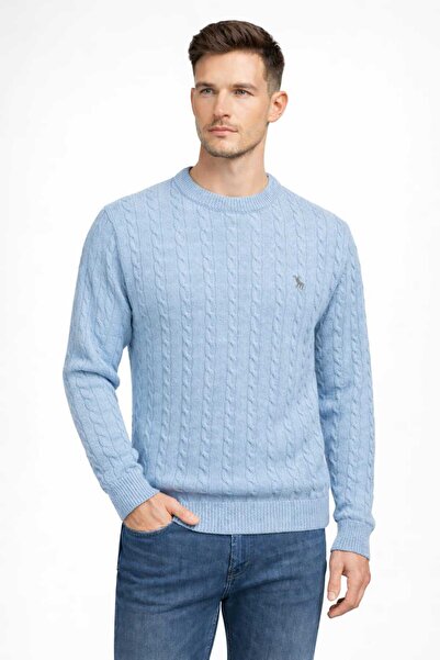 ANATOLIATEKSTILE Men's cable-knit sweater, round collar, embroidered logo, Sl...