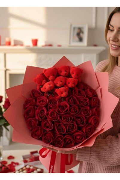 Nettenevime Valentine's Day Gift Artificial Flower Velvet Red Rose Bouquet wi...