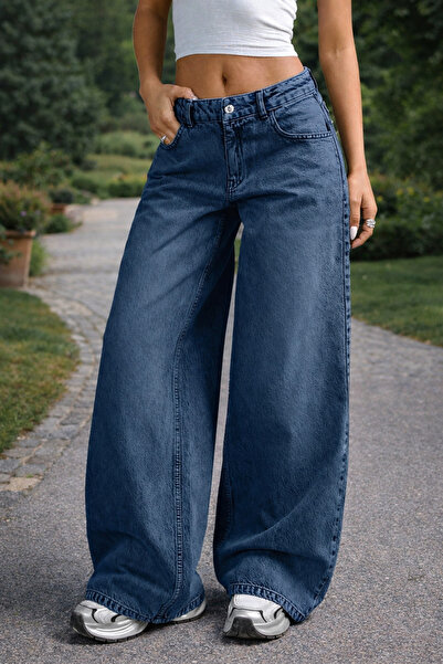 Modanewnice بنطلون جينز نسائي بخصر منخفض وأرجل واسعة