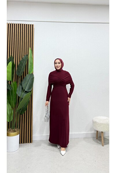 BRN IŞIK TESETTÜR Drapeli Taş Detaylı Tesettür Elbise