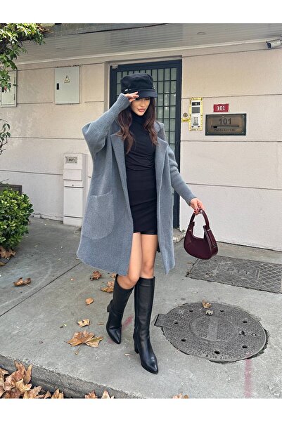 lucifer underwear Balon Kollu Cep Detaylı Uzun Kadın Triko Hırka