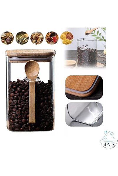 Generic Set of 3 Square Glass Storage Jars with Bamboo Lids and Wooden Spoons