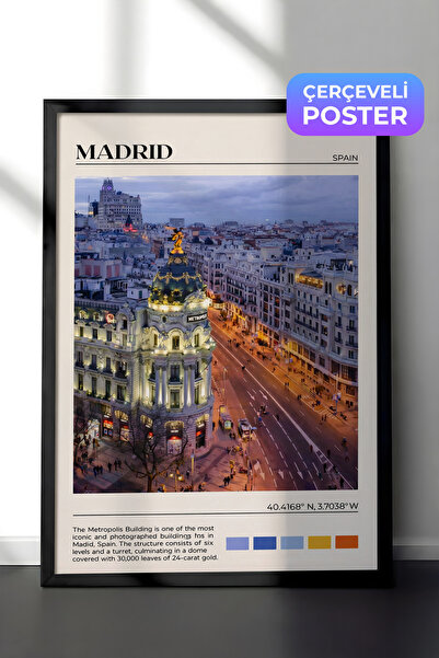 Zestia Crna uokvirena zidna slika Madrid Noćni gradski pejzaž Dekoracija dnev...