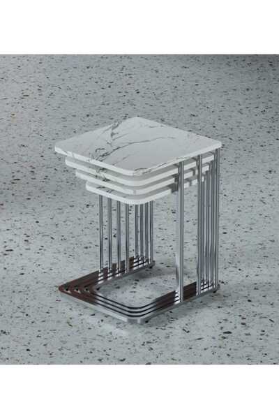 Nokta Sehpa Home 4lü TEKERLEKLİ GÜMÜŞ METAL BEYAZ MERMER TABLA ZİGON&YAN SEHPA