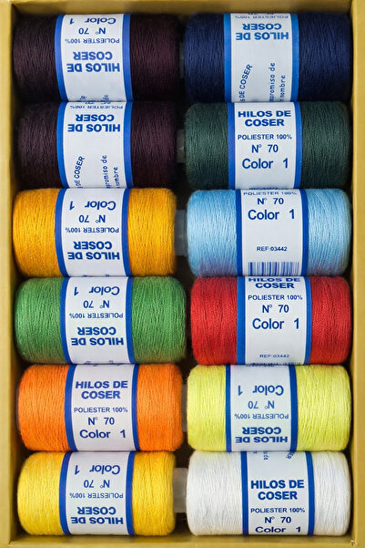 NO BRAND 100% polyester sewing thread set, No. 70, multicolor, 12 rolls