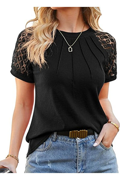 OEM Women's casual blouse, short sleeves, lace, black 2XL