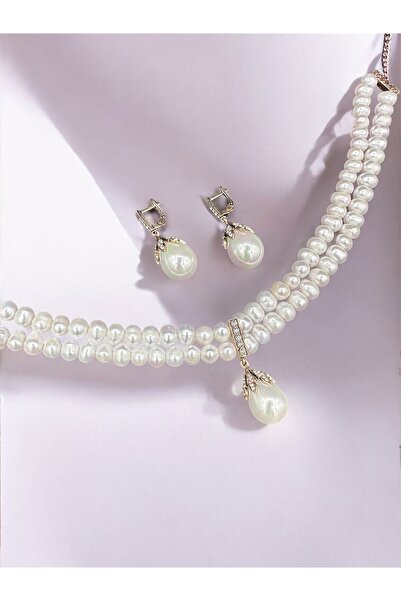 FUYA JEWELLERY Mayorka Sallantılı Gerçek İnci Kolye ve Mayorka Küpe İnci Set