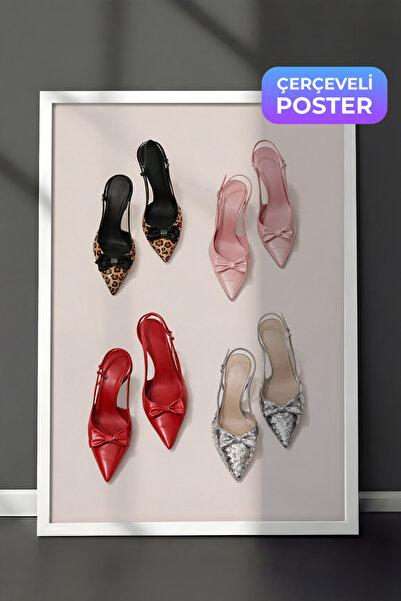 Zestia Beyaz Çerçeveli Duvar Tablosu Leopar Pembe Kırmızı ve Simli Moda Sanat...