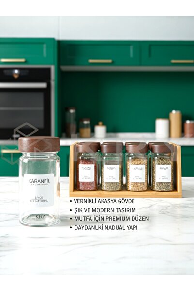 KRY 12’li Akasya Kapaklı Cam Baharatlık Takımı – Doğal Ahşap Kapaklı, Etiket ...