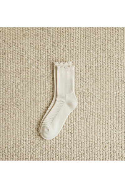 DRAV Cream Color, Plain Women's Socks with Ruffle Detail - (Stitch-Free)