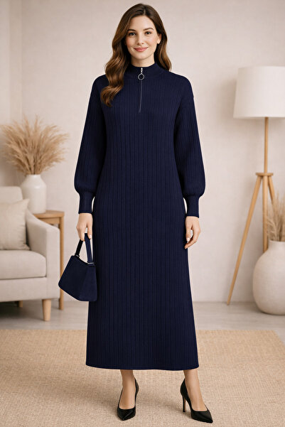 semela Thick Terry Fabric Standing Collar Zippered Knit Dress