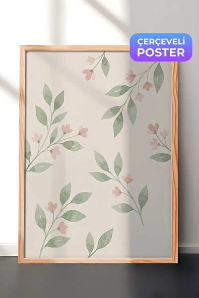 Zestia Ahşap Çerçeveli Duvar Tablosu Pastel Yapraklar ve Pudra Çiçekler Sulu ...