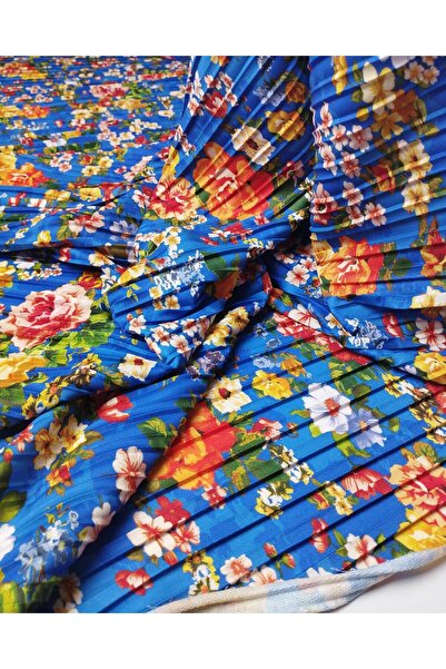 Kumaş Parça Blue Pleated Combed Cotton Fabric with Floral Pattern (Width 140 ...