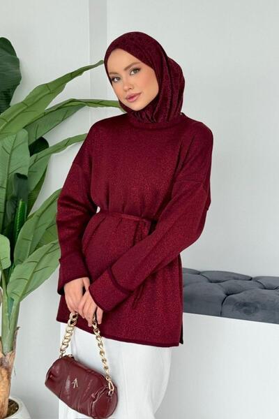 Şulemoda Giyim Zerda Sleeve Folded Glittery Loose Tunic Claret Red