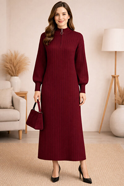 semela Thick Terry Fabric Standing Collar Zippered Knit Dress