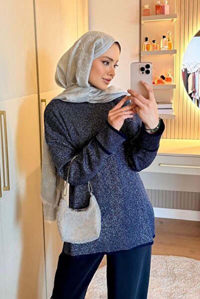 Şulemoda Giyim Zerda Sleeve Folded Glittery Casual Tunic Navy Blue