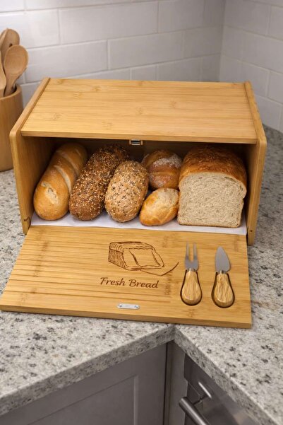 safestore Decorative Natural Bamboo Bread Tray with Cutting Board