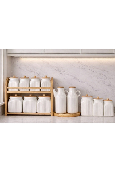 Pembelia Life 13 Parça Porselen Bambu Standlı 2li Çizgili Yağdanlık,3’lü Kava...