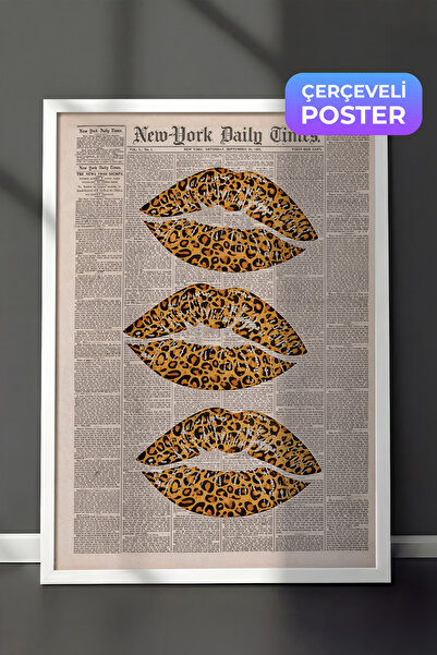 Zestia Beyaz Çerçeveli Duvar Tablosu Leopar Desenli Dudaklar Pop Art Genç Oda...