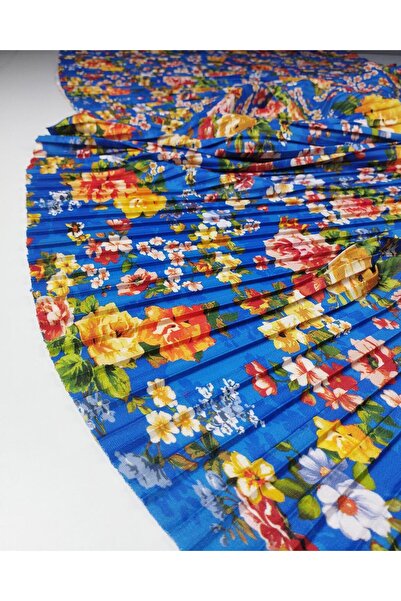 Kumaş Parça Blue Pleated Combed Cotton Fabric with Floral Pattern (Width 140 ...