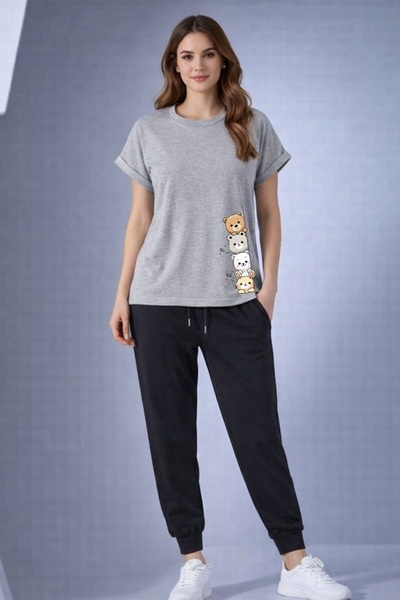 x-compass life Genis Kesim Cotton T-Shirt and Tracksuit Set with Yandan Aycik...