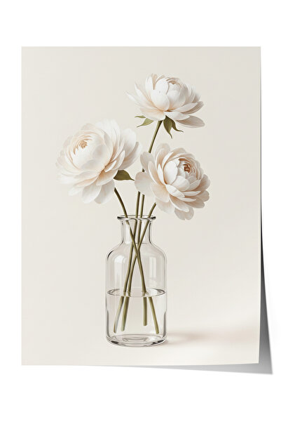 Zestia Poster Trei bujori albi în vază de sticlă Neutru Minimalist Natură moa...