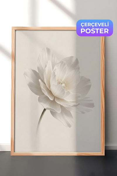 Zestia Ahşap Çerçeveli Duvar Tablosu Beyaz Lotus Sessizliği Nötr Minimal Çiçe...
