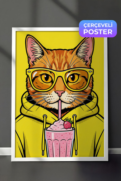 Zestia Bela uokvirena zidna slika, neon žuta pop art s naočarima mačka Dekor ...